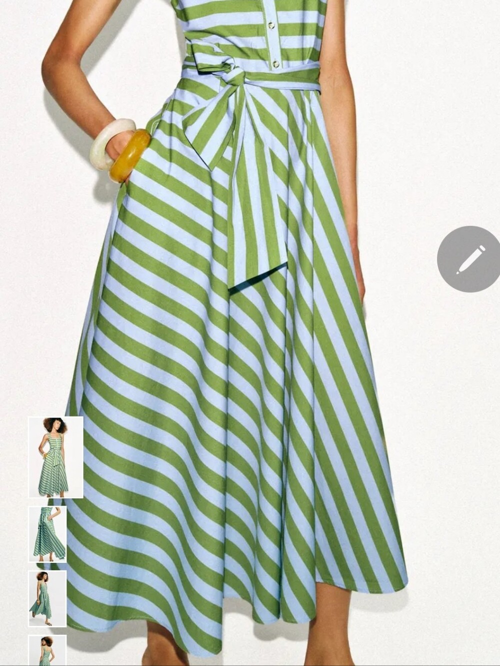 Zara Green and Light Blue Striped Midi Dress with Waist Tie - Picture 3 of 16